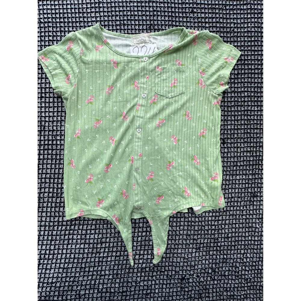 Btween Floral Tie Front Top Girls Size 14 Green Ribbed Heart Button
